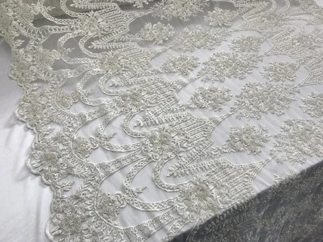 White and Gold Bridal Beaded Designed Floral Embroidered Mesh Lace FabricICE FABRICSICE FABRICSGoldWhite and Gold Bridal Beaded Designed Floral Embroidered Mesh Lace Fabric ICE FABRICS