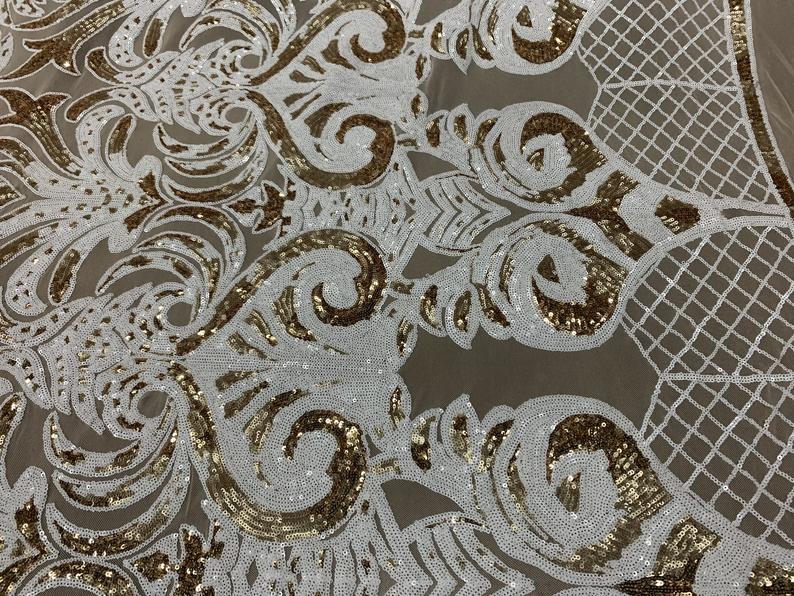 White, Gold Fashion Embroidery Stretch Sequin Fabric By The YardICEFABRICICE FABRICSWhite, Gold Fashion Embroidery Stretch Sequin Fabric By The Yard ICEFABRIC