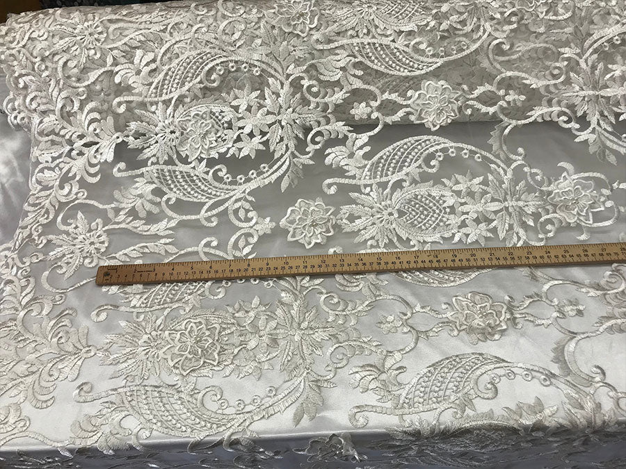 White Heavy Embroidery Bridal Design Beaded Mesh Lace FabricICE FABRICSICE FABRICSWhite Heavy Embroidery Bridal Design Beaded Mesh Lace Fabric ICE FABRICS