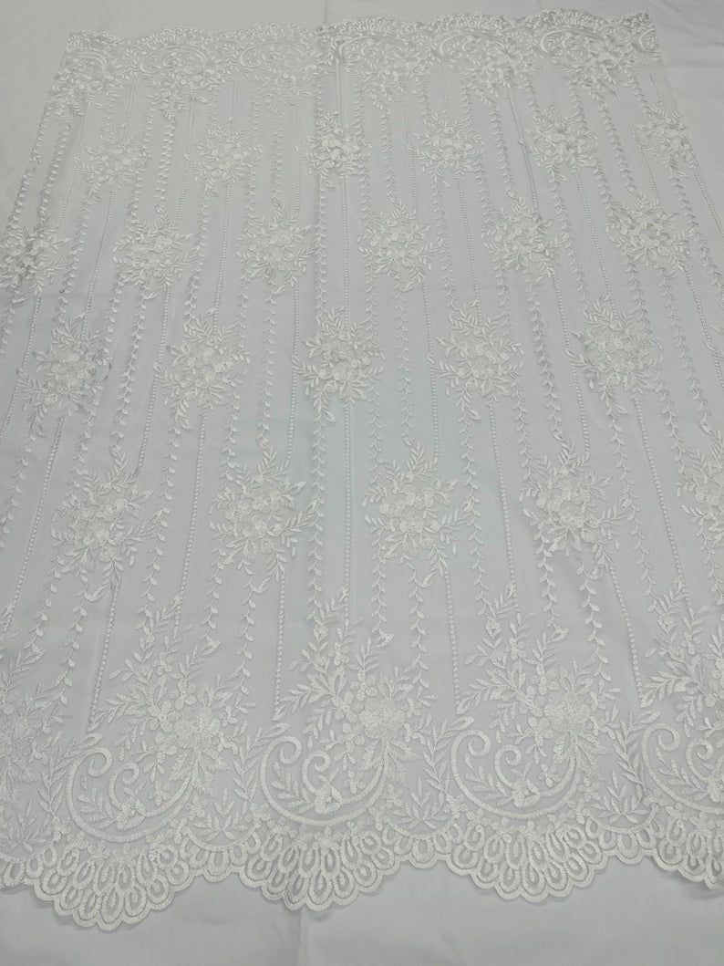 White Lace Fabric _ Embroidered Floral Flowers Lace on Mesh FabricICE FABRICSICE FABRICSPer YardWhite Lace Fabric _ Embroidered Floral Flowers Lace on Mesh Fabric ICE FABRICS