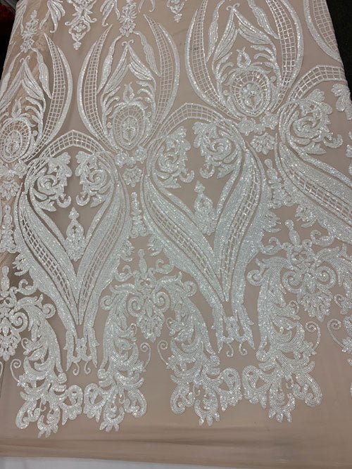 White On A Nude Mesh Elegant Stretch Sequin Fabric_ Lace FabricICEFABRICICE FABRICSWhite On A Nude MeshPer YardWhite On A Nude Mesh Elegant Stretch Sequin Fabric_ Lace Fabric ICEFABRIC