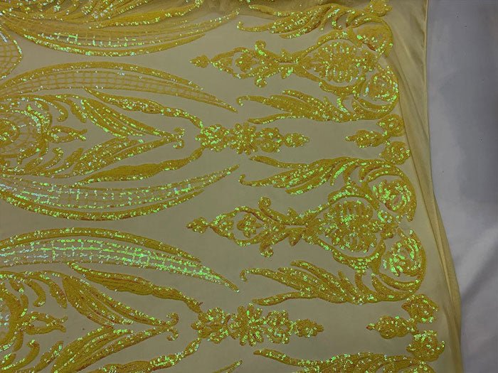 Yellow On A White Mesh Elegant Stretch Sequin Fabric_ Lace FabricICEFABRICICE FABRICSYellow On A White MeshPer YardYellow On A White Mesh Elegant Stretch Sequin Fabric_ Lace Fabric ICEFABRIC