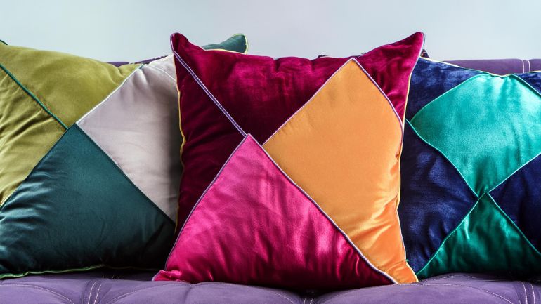 Stylish Velvet Pillows with Geometric Color Blocks - Ice Fabrics