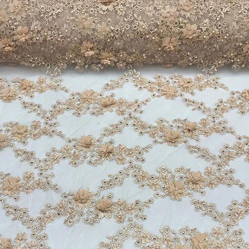 3D Flowers Debora Design Beaded Mesh Lace Fabric By The YardICEFABRICICE FABRICSChampagne3D Flowers Debora Design Beaded Mesh Lace Fabric By The Yard ICEFABRIC |Champagne