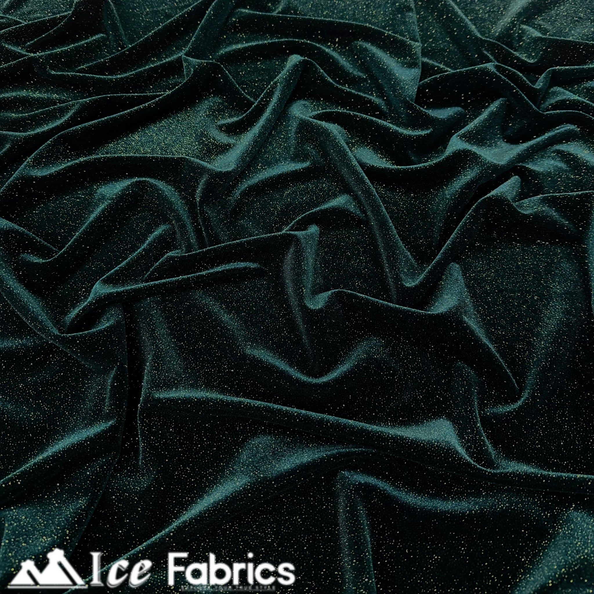Hunter Green Shiny Glitter Stretch Velvet Fabric | Spandex Fabric