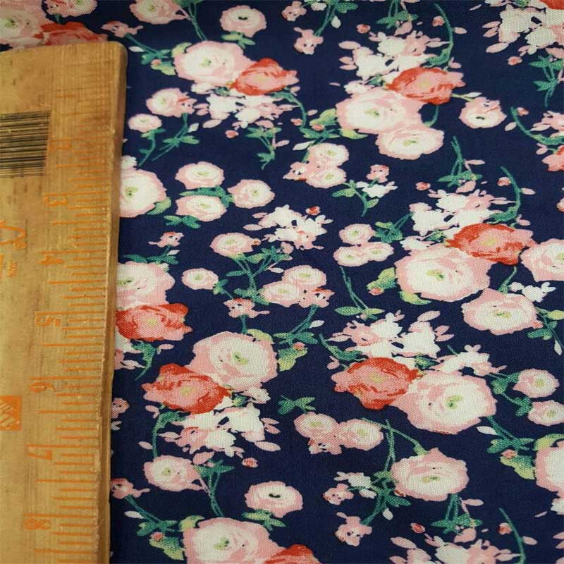 100% Rayon Challis With Pink Small Flowers Print On Navy Blue Background FabricChallis FabricICEFABRICICE FABRICS100% Rayon Challis With Pink Small Flowers Print On Navy Blue Background Fabric ICEFABRIC