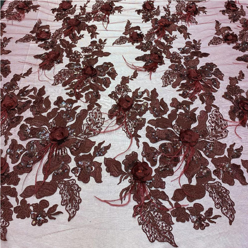3D Luxury Feather Design Floral Mesh Lace With Sequins Embroidery By The YardICEFABRICICE FABRICSBurgundy3D Luxury Feather Design Floral Mesh Lace With Sequins Embroidery By The Yard ICEFABRIC |Burgundy