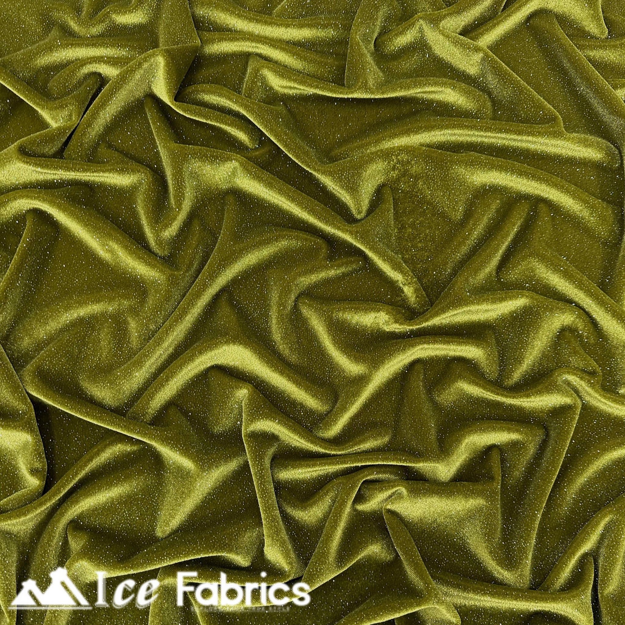 Olive Green Shiny Glitter Stretch Velvet Fabric | Spandex Fabric