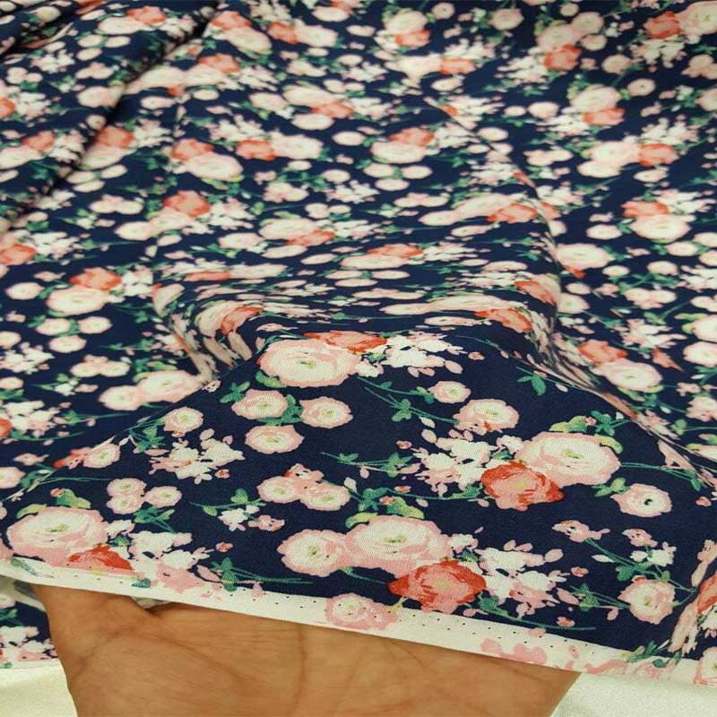 100% Rayon Challis With Pink Small Flowers Print On Navy Blue Background FabricChallis FabricICEFABRICICE FABRICS100% Rayon Challis With Pink Small Flowers Print On Navy Blue Background Fabric ICEFABRIC