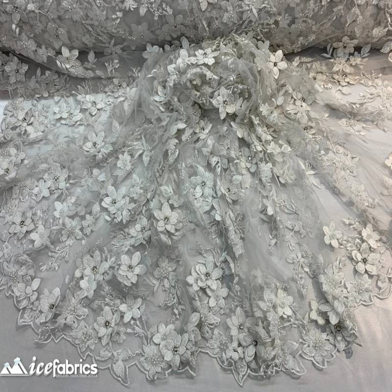 3D Flowers White Lace Fabric / Beaded EmbroideryICE FABRICSICE FABRICSBy The Yard3D Flowers White Lace Fabric / Beaded Embroidery ICE FABRICS