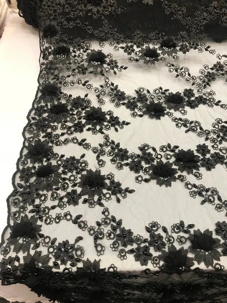 3D Embroidered French Beaded Mesh Lace FabricICE FABRICSICE FABRICSBlack3D Embroidered French Beaded Mesh Lace Fabric ICE FABRICS |Black