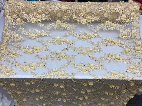 3D Embroidered French Beaded Mesh Lace FabricICE FABRICSICE FABRICSCream/Yellow3D Embroidered French Beaded Mesh Lace Fabric ICE FABRICS |Cream/Yellow