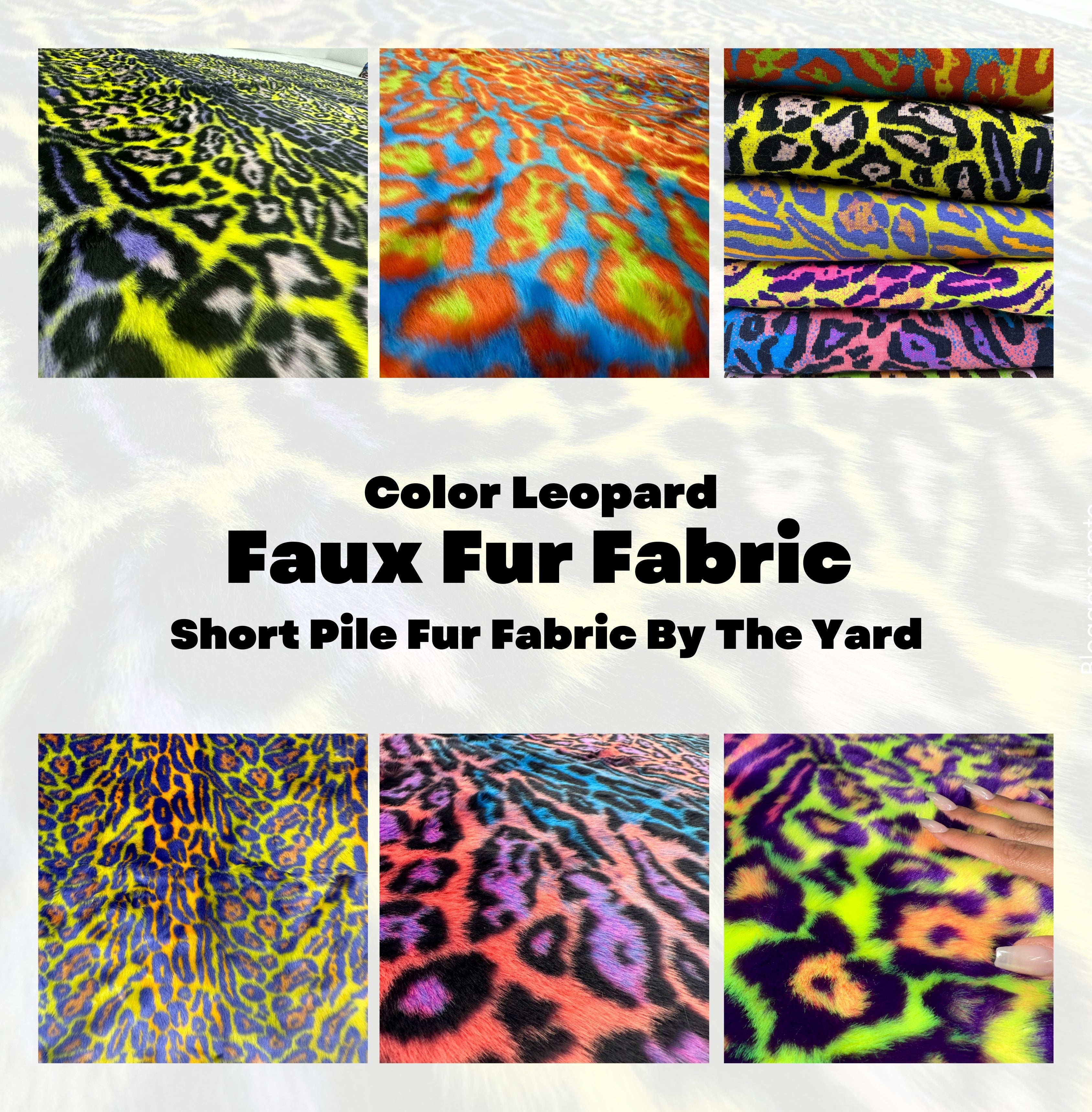 Orange Yellow - Turquoise Leopard Short pile Faux Fur Fabric By The Yard