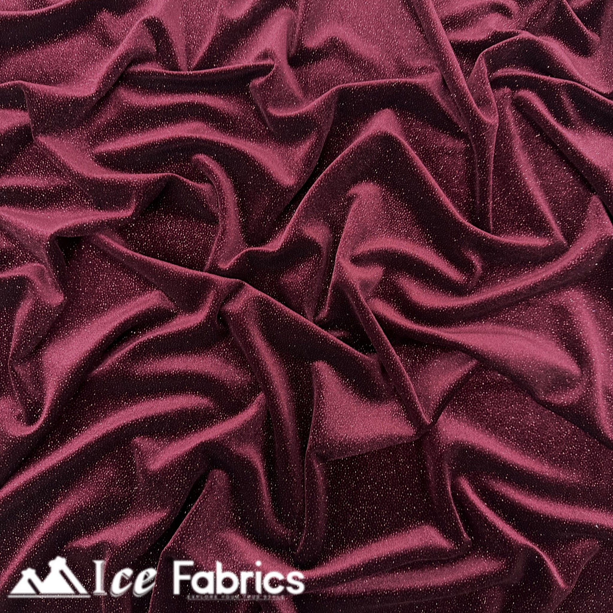 Burgundy Shiny Glitter Stretch Velvet Fabric | Spandex Fabric