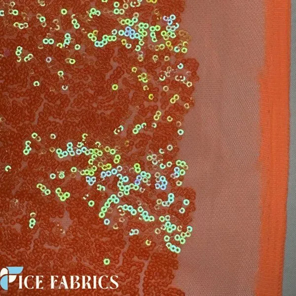 Orange Iridescent All Over Mini Sequin Fabric On Mesh