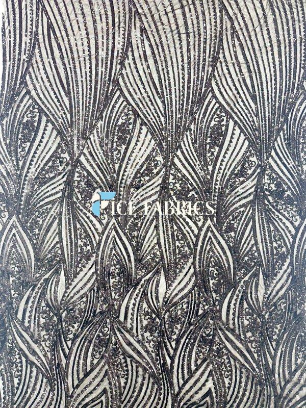 Black Damask Stretch Sequin Fabric On Mesh