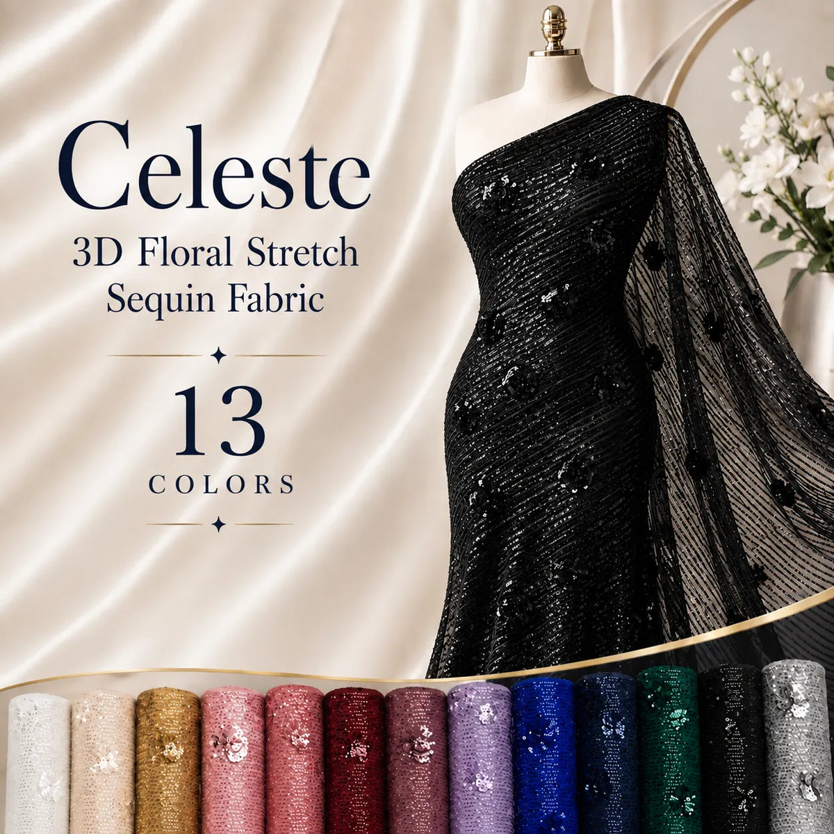 Celeste 3D Floral Stretch Sequin Fabric