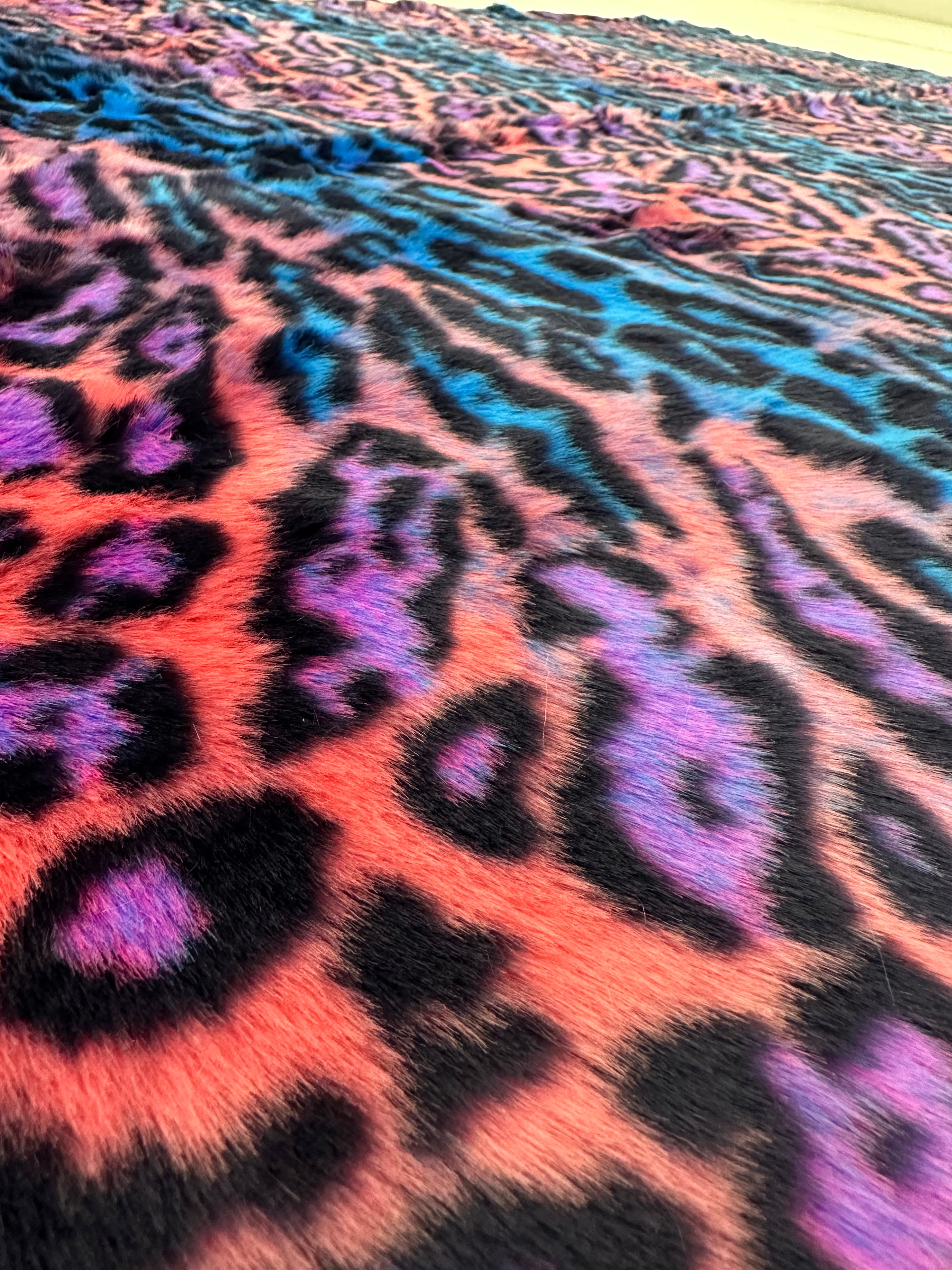 Blue Purple Leopard Short Pile Faux Fur Fabric By The Yard