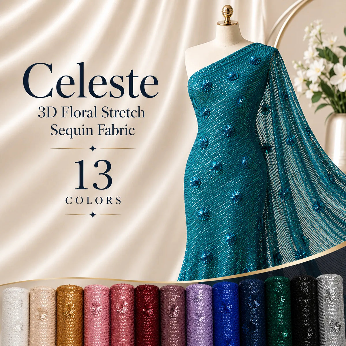Celeste 3D Floral Stretch Sequin Fabric