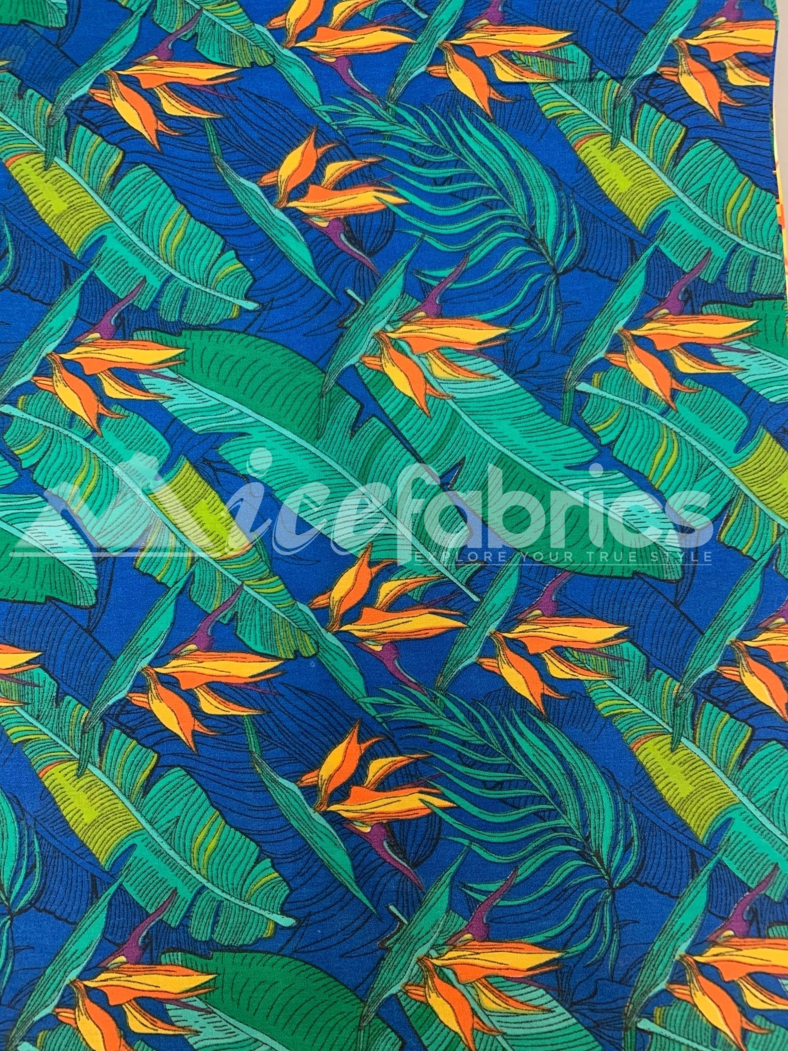 Blue Leaf Print Poly Cotton Fabric By The Yard