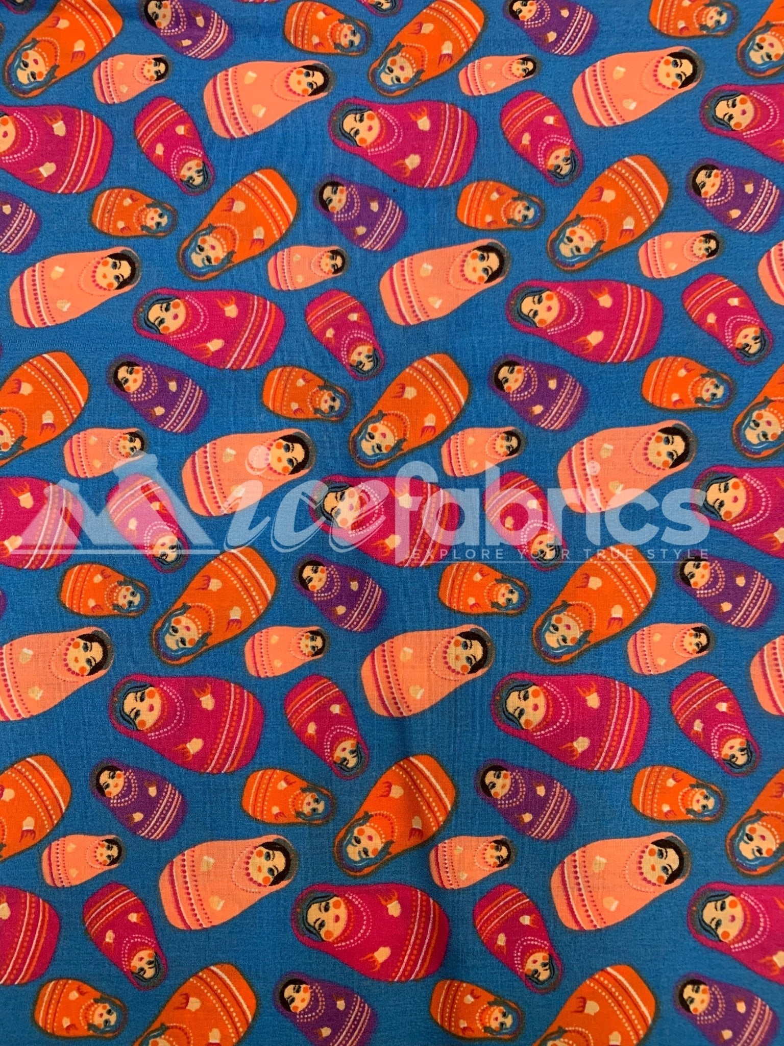 Blue Russian Doll Print Poly Cotton Fabric By The Yard