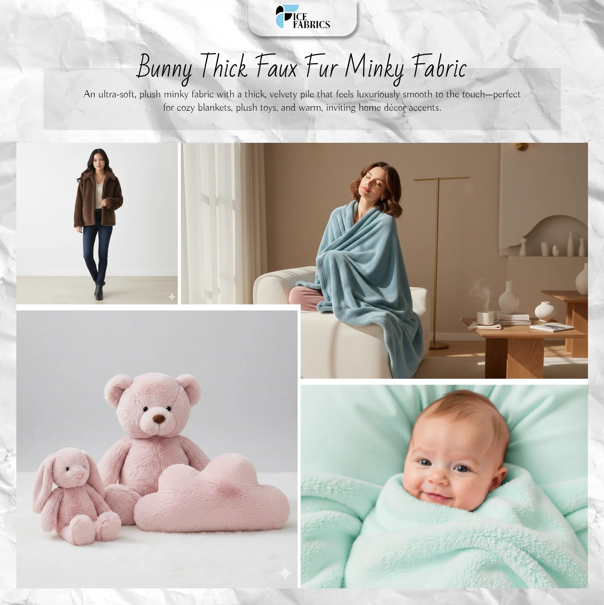 Bunny Thick Faux Fur Minky Fabric / Short Pile / Super SoftICE FABRICSICE FABRICS By The Yard (60 inches Wide) Bunny Thick Faux Fur Minky Fabric / Short Pile / Super Soft ICE FABRICS usecase