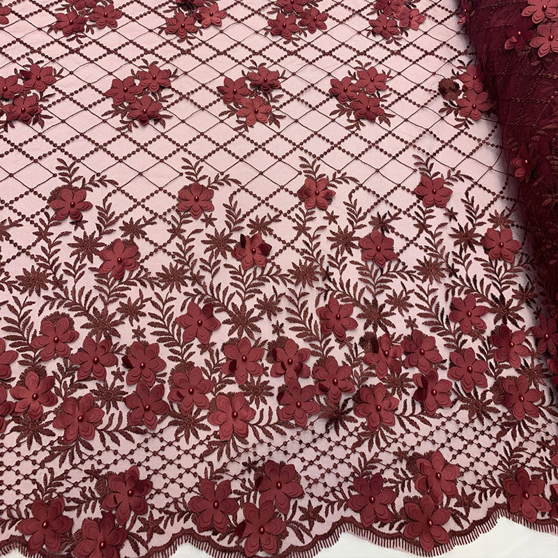 3D Floral Pearl Beaded Embroidery Lace Fabric | Mesh FabricICEFABRICICE FABRICSBurgundy3D Floral Pearl Beaded Embroidery Lace Fabric | Mesh Fabric ICEFABRIC |Burgundy