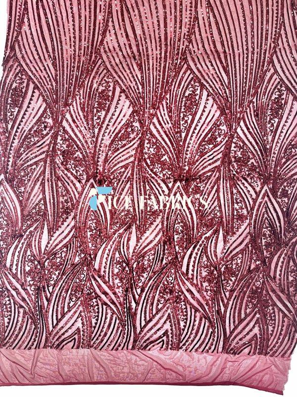 Burgundy Damask Stretch Sequin Fabric On Mesh