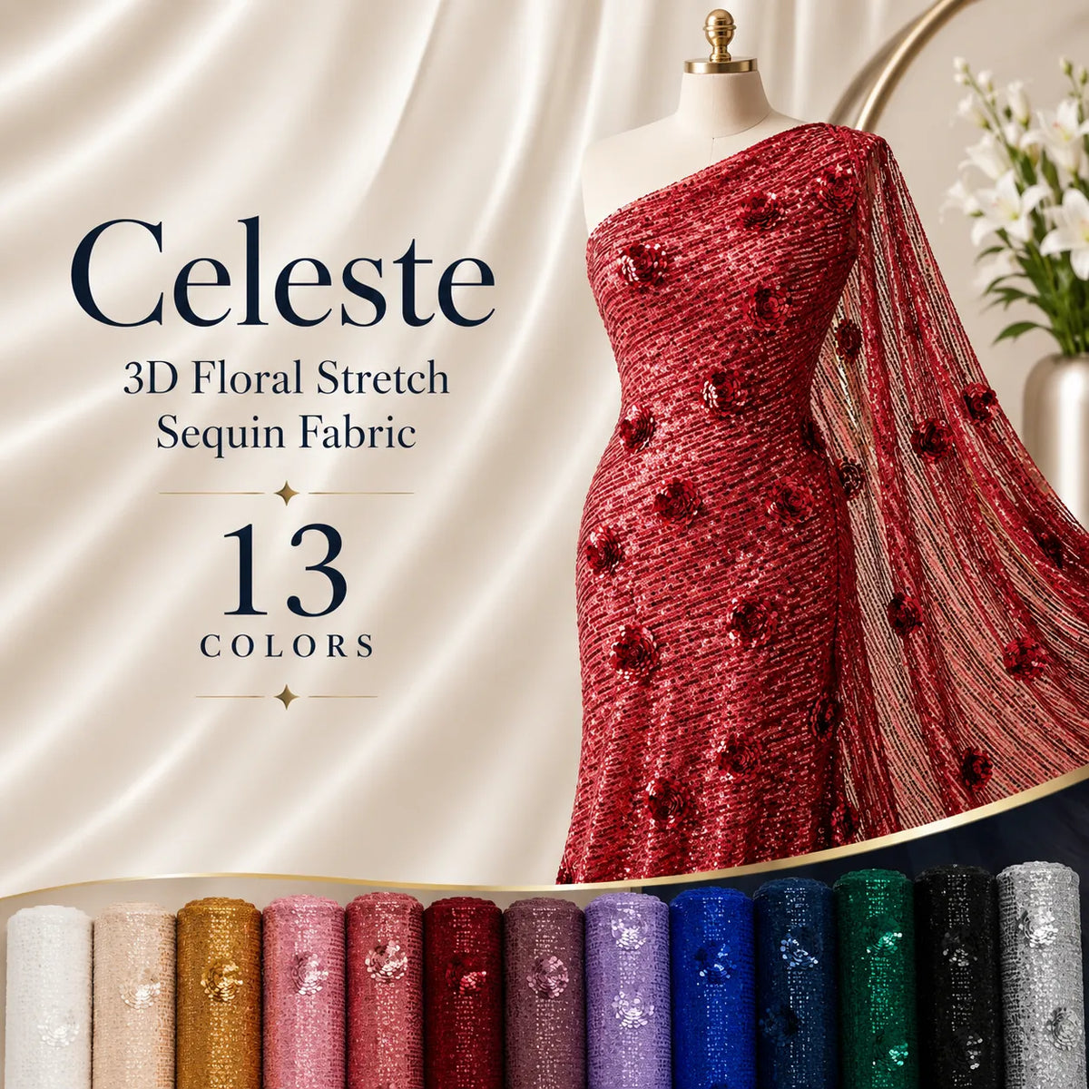 Celeste 3D Floral Stretch Sequin Fabric