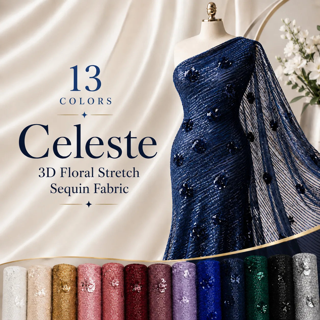Celeste 3D Floral Stretch Sequin Fabric