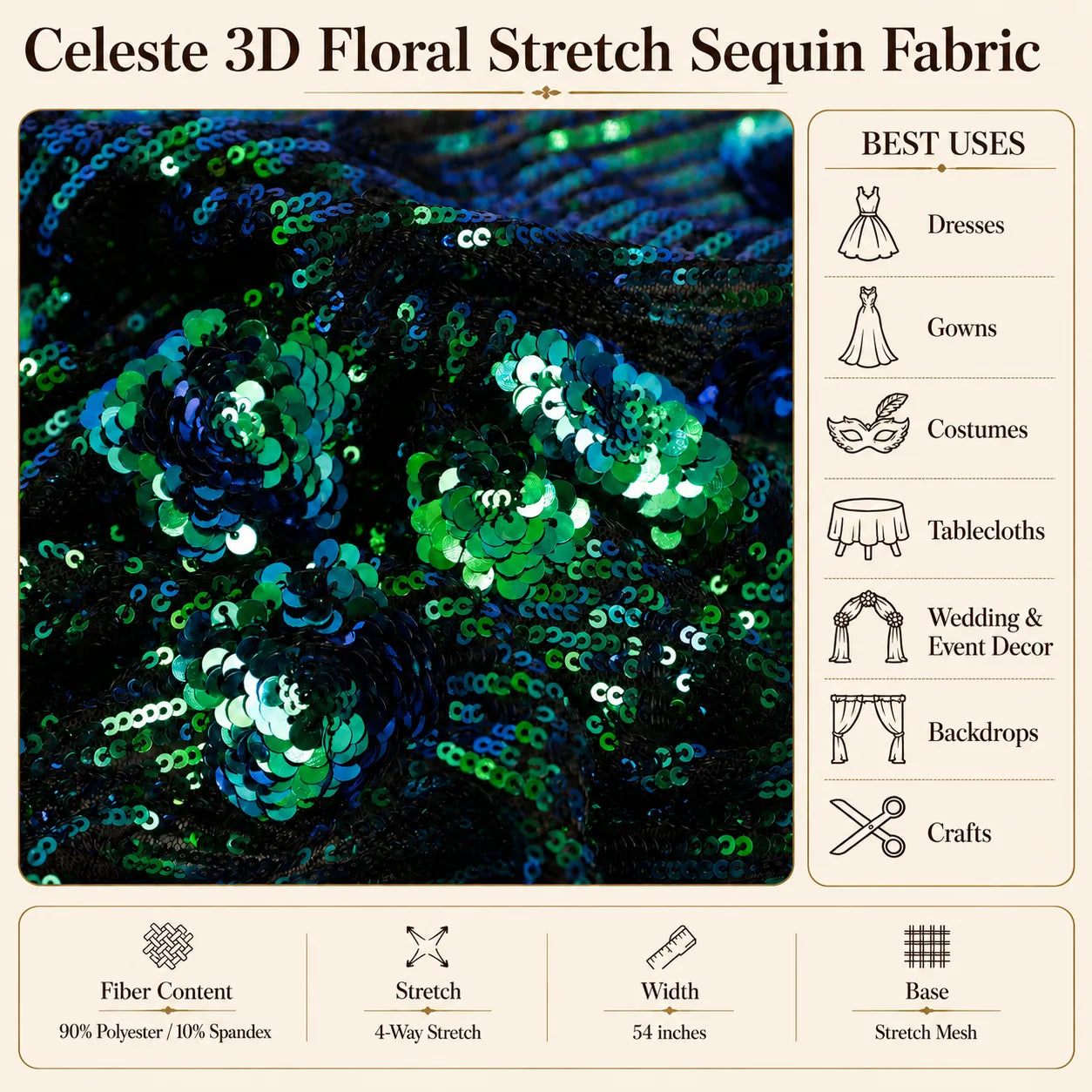 Celeste 3D Floral Stretch Sequin Fabric