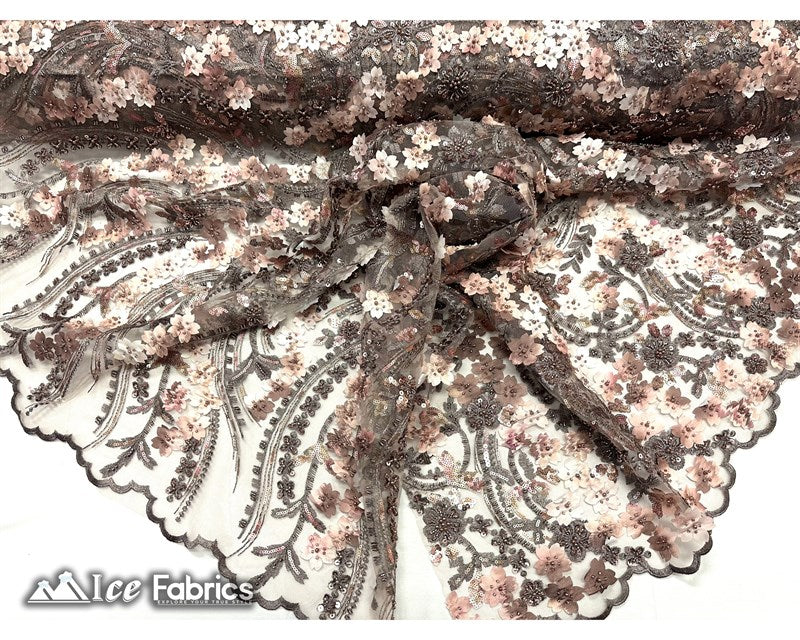3D Flowers Floral Beaded Fabric | Sequin Lace on MeshICE FABRICSICE FABRICSCoffee BrownBy The Yard (50" Wide)3D Flowers Floral Beaded Fabric | Sequin Lace on Mesh