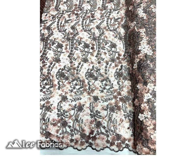3D Flowers Floral Beaded Fabric | Sequin Lace on Mesh