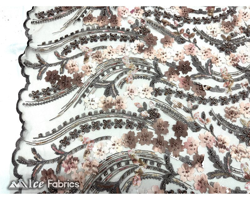 3D Flowers Floral Beaded Fabric | Sequin Lace on MeshICE FABRICSICE FABRICSCoffee BrownBy The Yard (50" Wide)3D Flowers Floral Beaded Fabric | Sequin Lace on Mesh