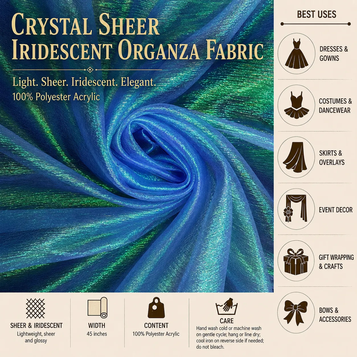Crystal Sheer Iridescent Organza Fabric