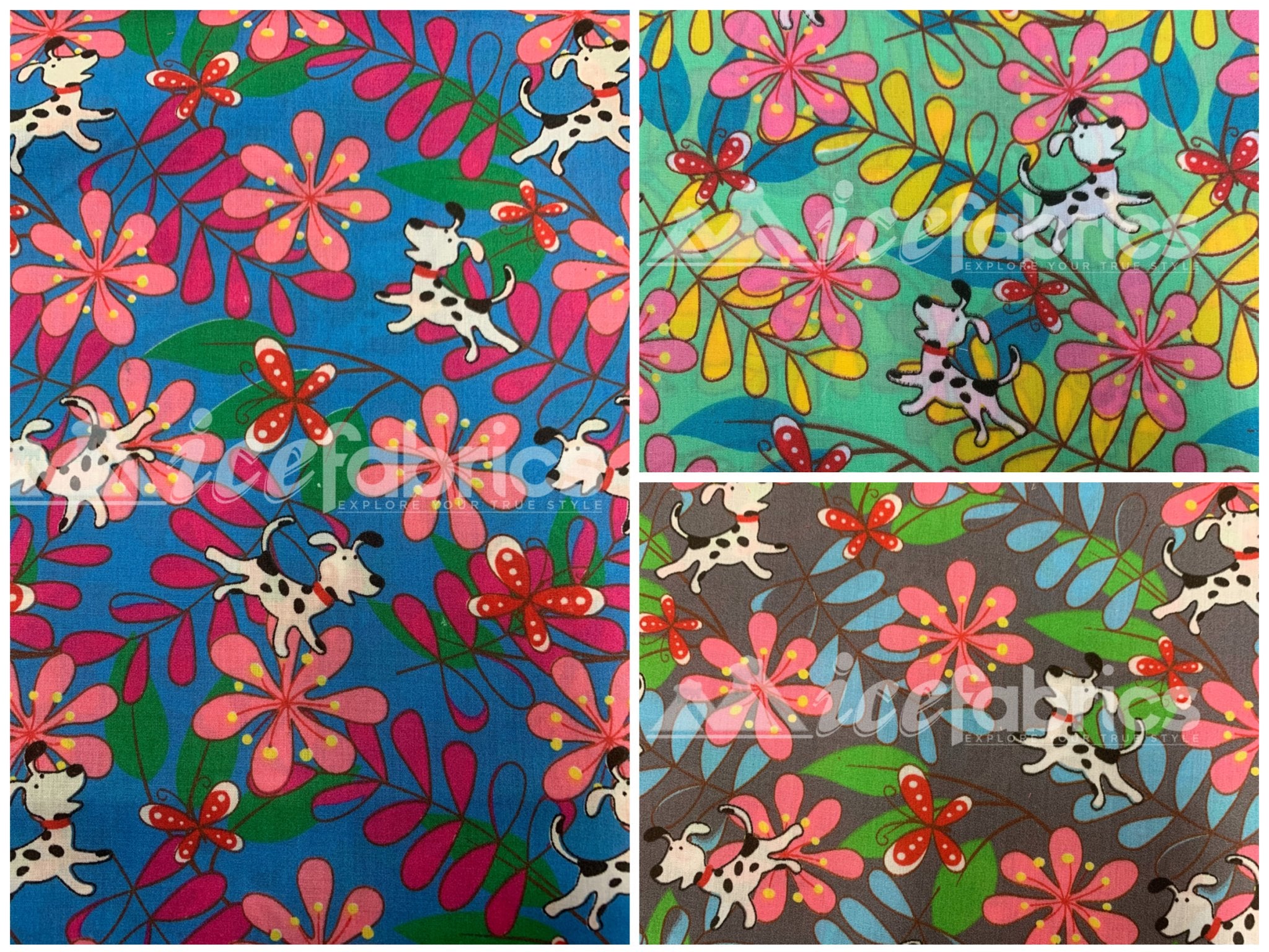 Doggy Flowers Print Poly Cotton Fabric By The Yard