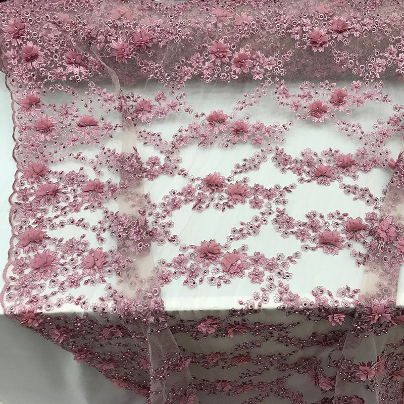 3D Embroidered French Beaded Mesh Lace FabricICE FABRICSICE FABRICSDusty Rose3D Embroidered French Beaded Mesh Lace Fabric ICE FABRICS |Dusty Rose