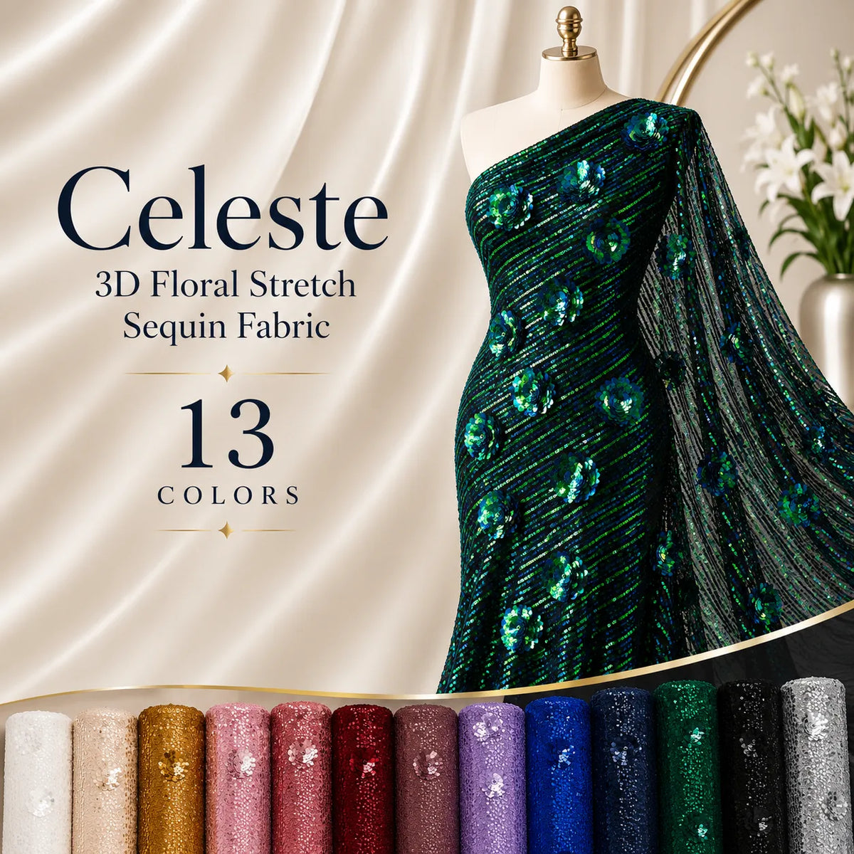 Celeste 3D Floral Stretch Sequin Fabric