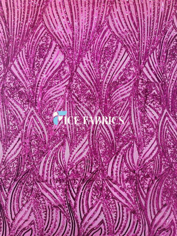 Fuchsia Damask Stretch Sequin Fabric On Mesh