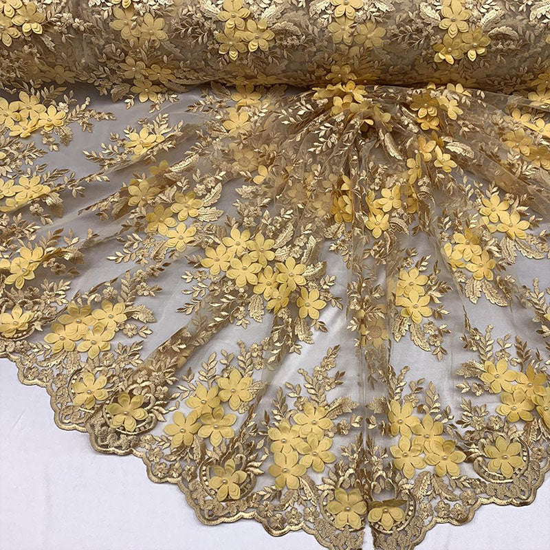 3D Flowers Embroidered Bridal Beaded Mesh Lace Wedding FabricICEFABRICICE FABRICSGold3D Flowers Embroidered Bridal Beaded Mesh Lace Wedding Fabric ICEFABRIC |Gold