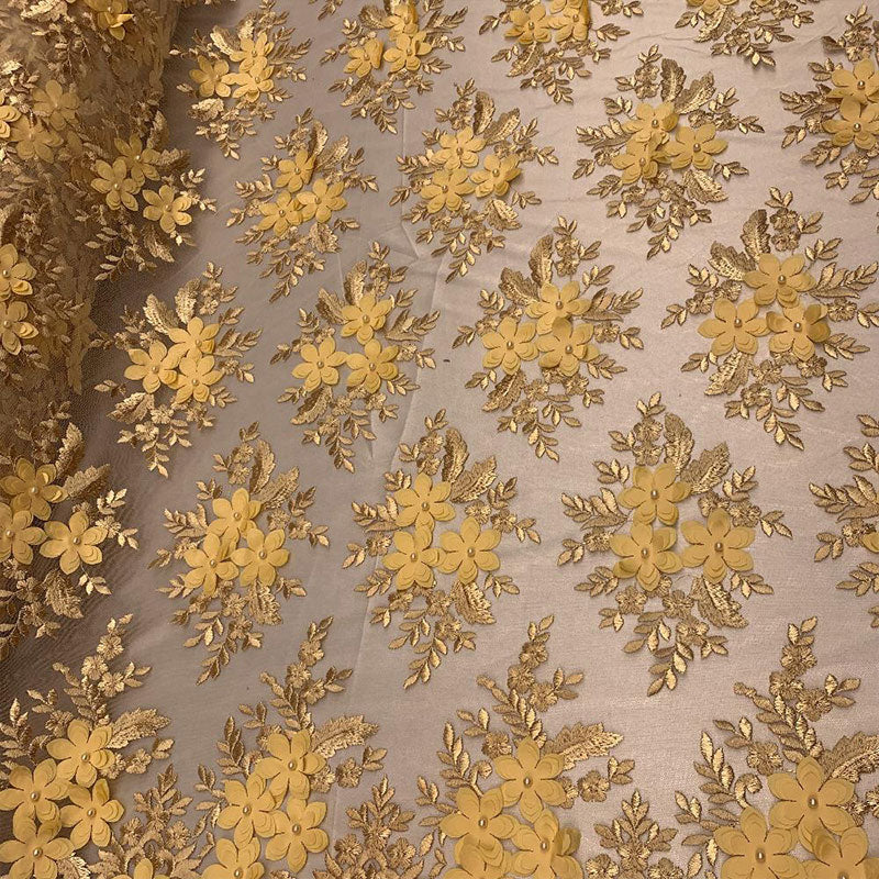 3D Flowers Embroidered Bridal Beaded Mesh Lace Wedding FabricICEFABRICICE FABRICSGold3D Flowers Embroidered Bridal Beaded Mesh Lace Wedding Fabric ICEFABRIC |Gold