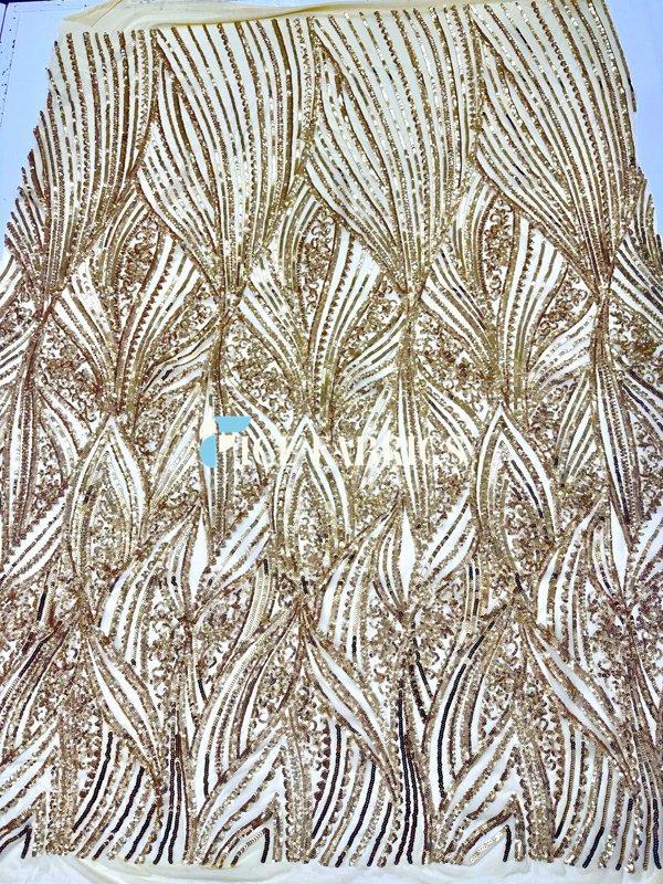 Gold Damask Stretch Sequin Fabric On Mesh