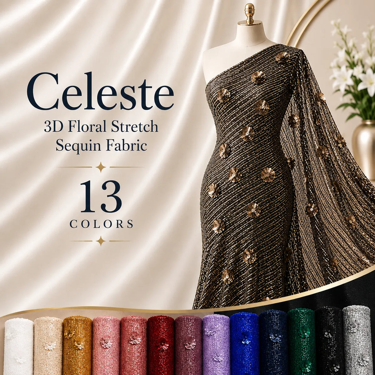 Celeste 3D Floral Stretch Sequin Fabric