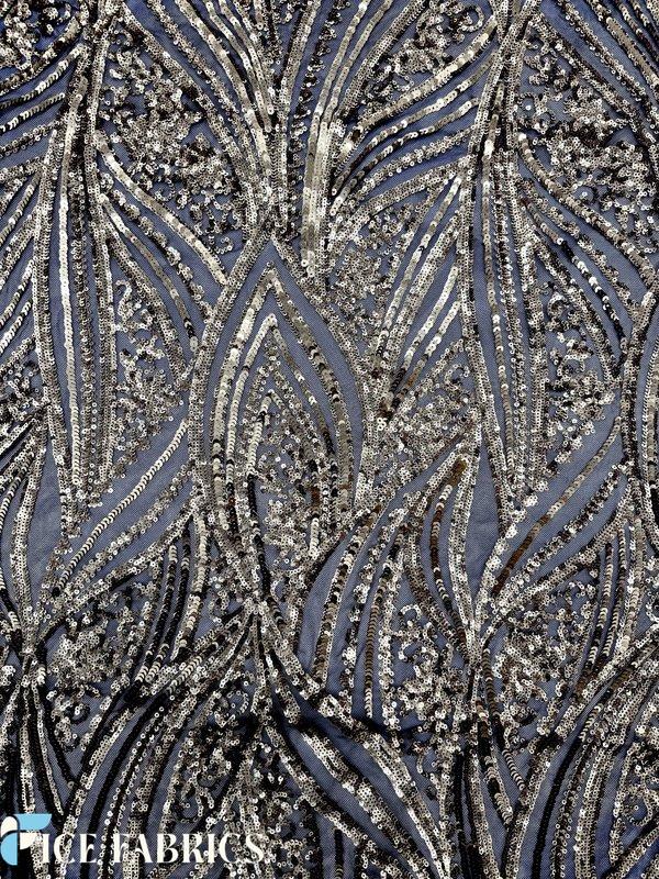 Gold on Black Damask Stretch Sequin Fabric On Mesh