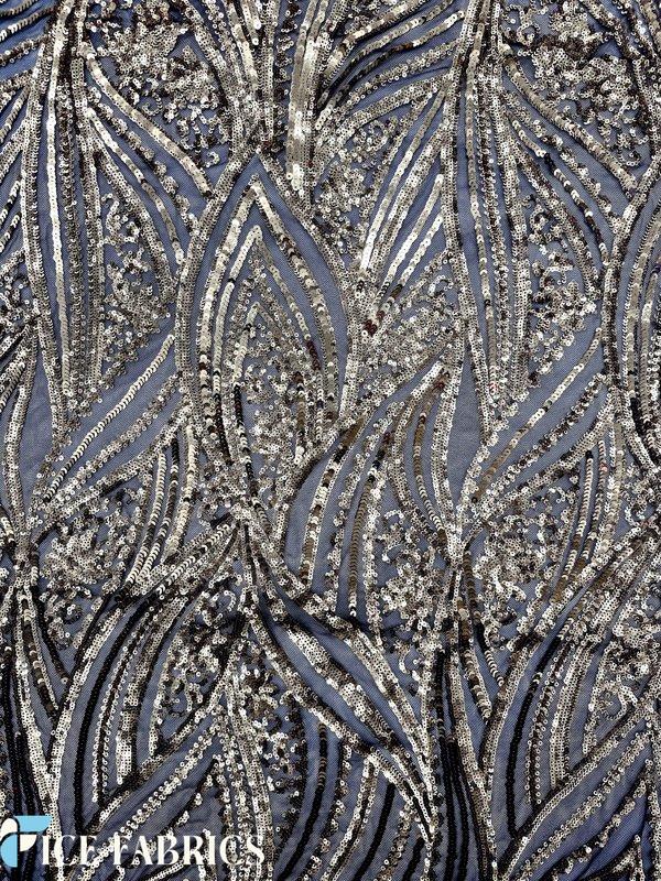 Gold on Black Damask Stretch Sequin Fabric On Mesh