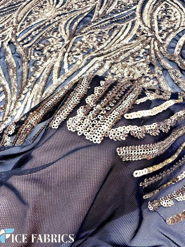 Gold on Black Damask Stretch Sequin Fabric On Mesh