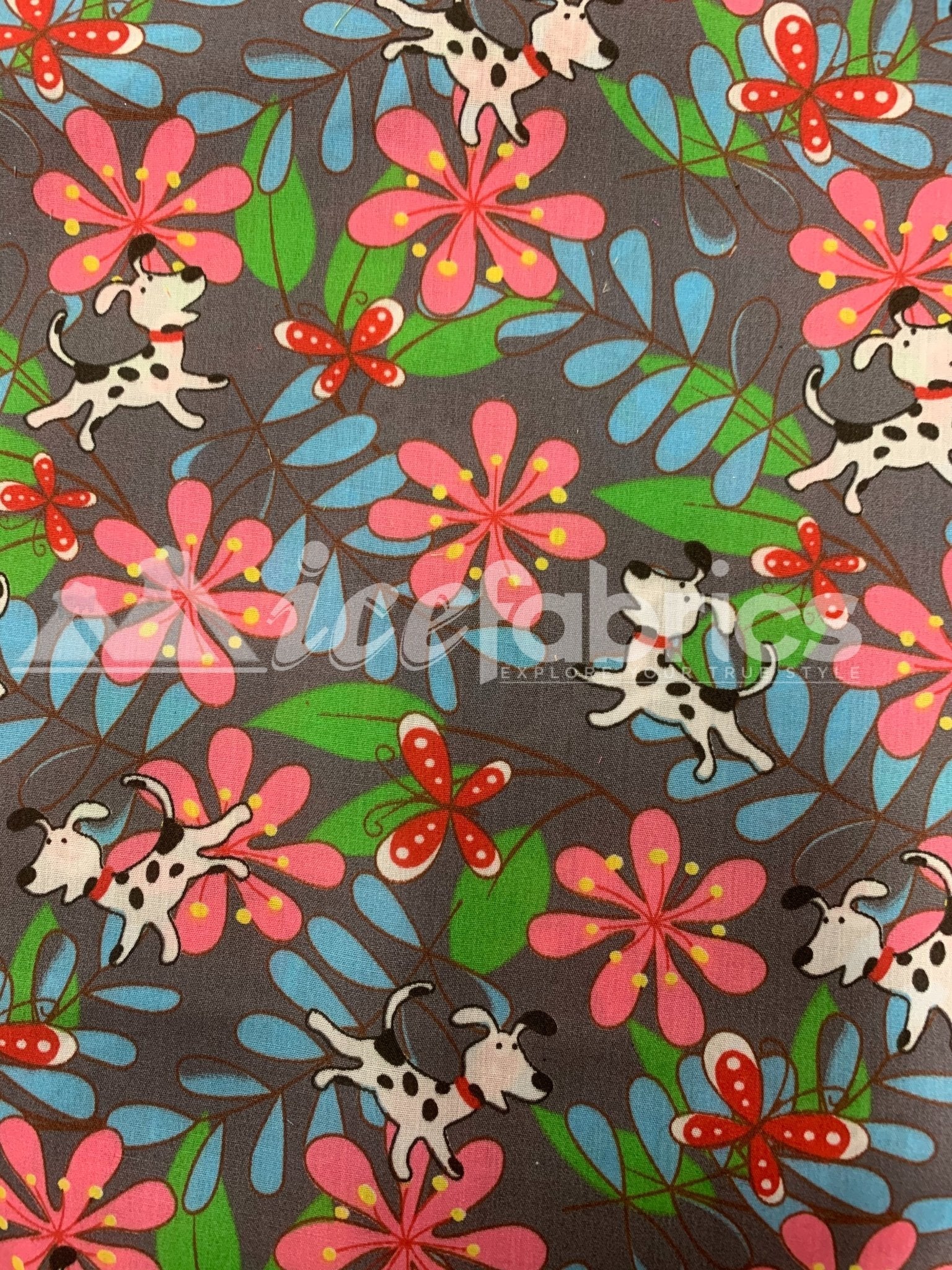 Gray Doggy Flowers Print Poly Cotton Fabric By The Yard