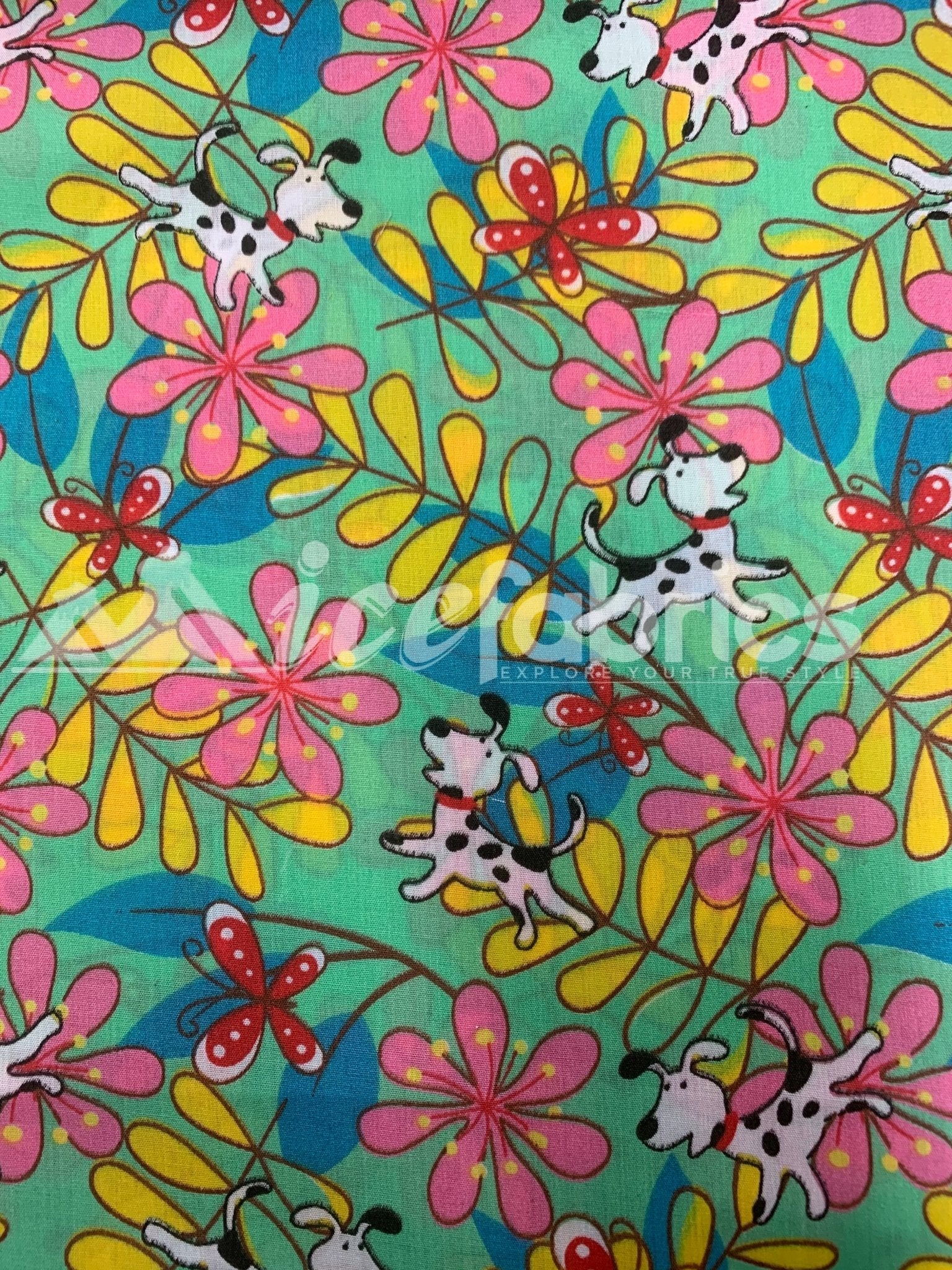 Green Doggy Flowers Print Poly Cotton Fabric By The Yard