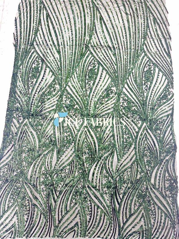 Hunter Green Damask Stretch Sequin Fabric On Mesh