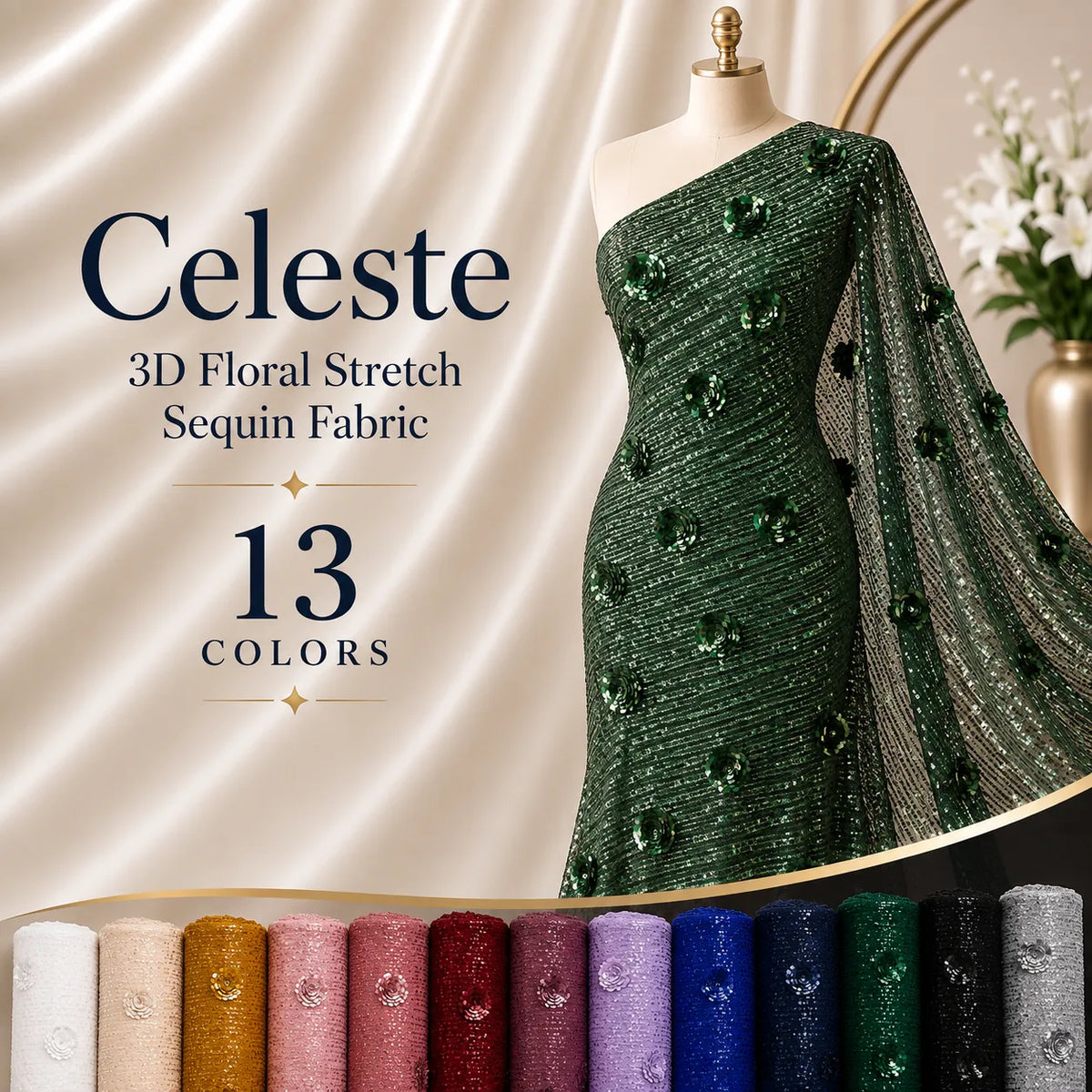 Celeste 3D Floral Stretch Sequin Fabric